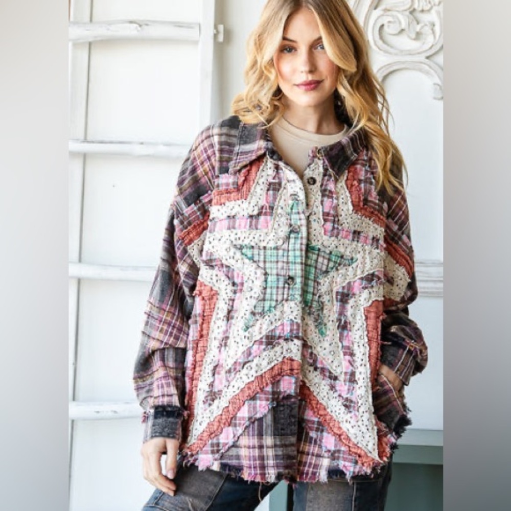 Oli & Hali Star Plaid Patchwork Star shacket lace  button down multicolor pink - Picture 2 of 9